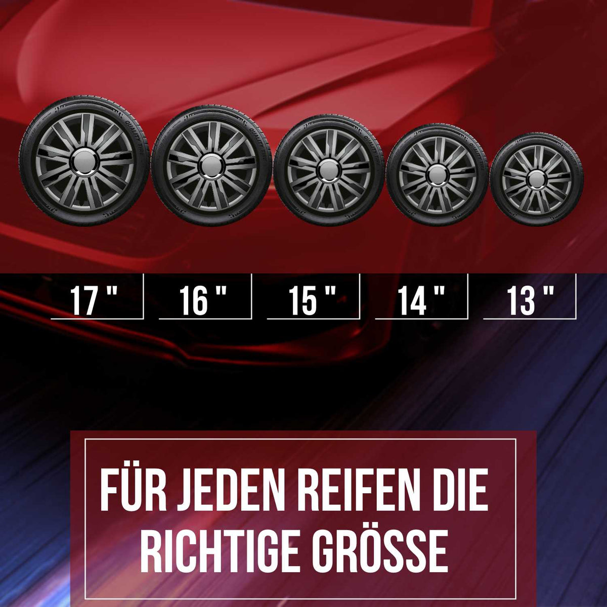 Albrecht Mirage Radkappen – 14–17 Zoll, 4er-Set – Größenübersicht