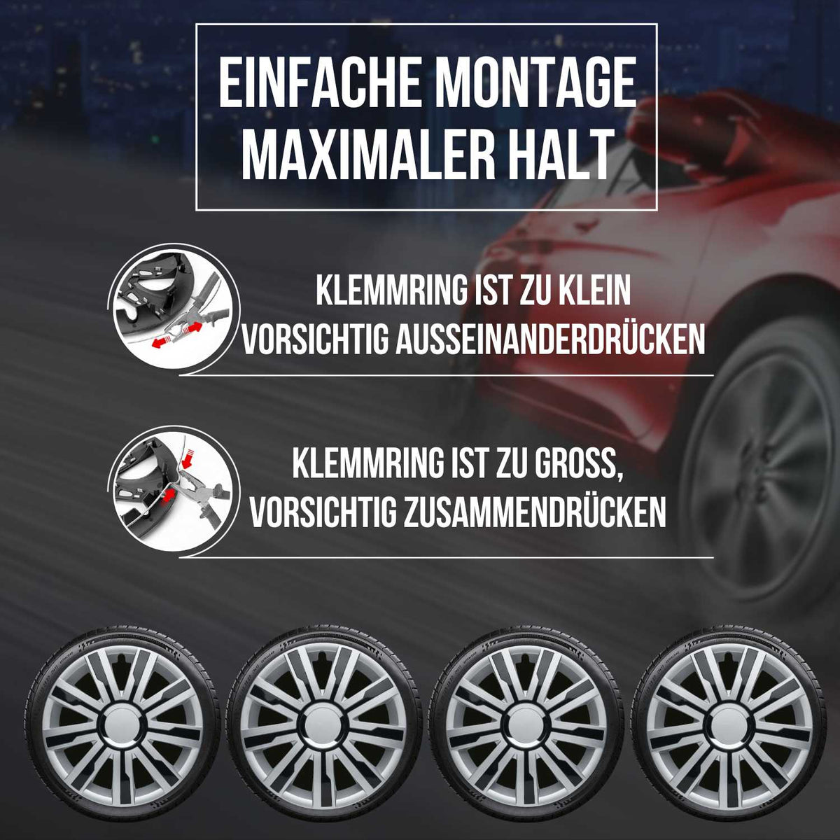 Albrecht Mirage Radkappen – 14–17 Zoll, 4er-Set – Montageanleitung